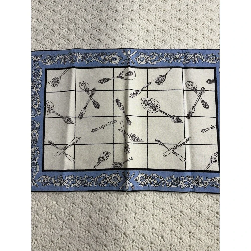Pier 1 Imports Placemats 100% Cotton Utensils 13” x 19” Set Of 4 Blue Black